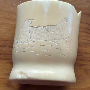 Scrimshaw bone cup toothpick holder dice seals carved Antique 1900s